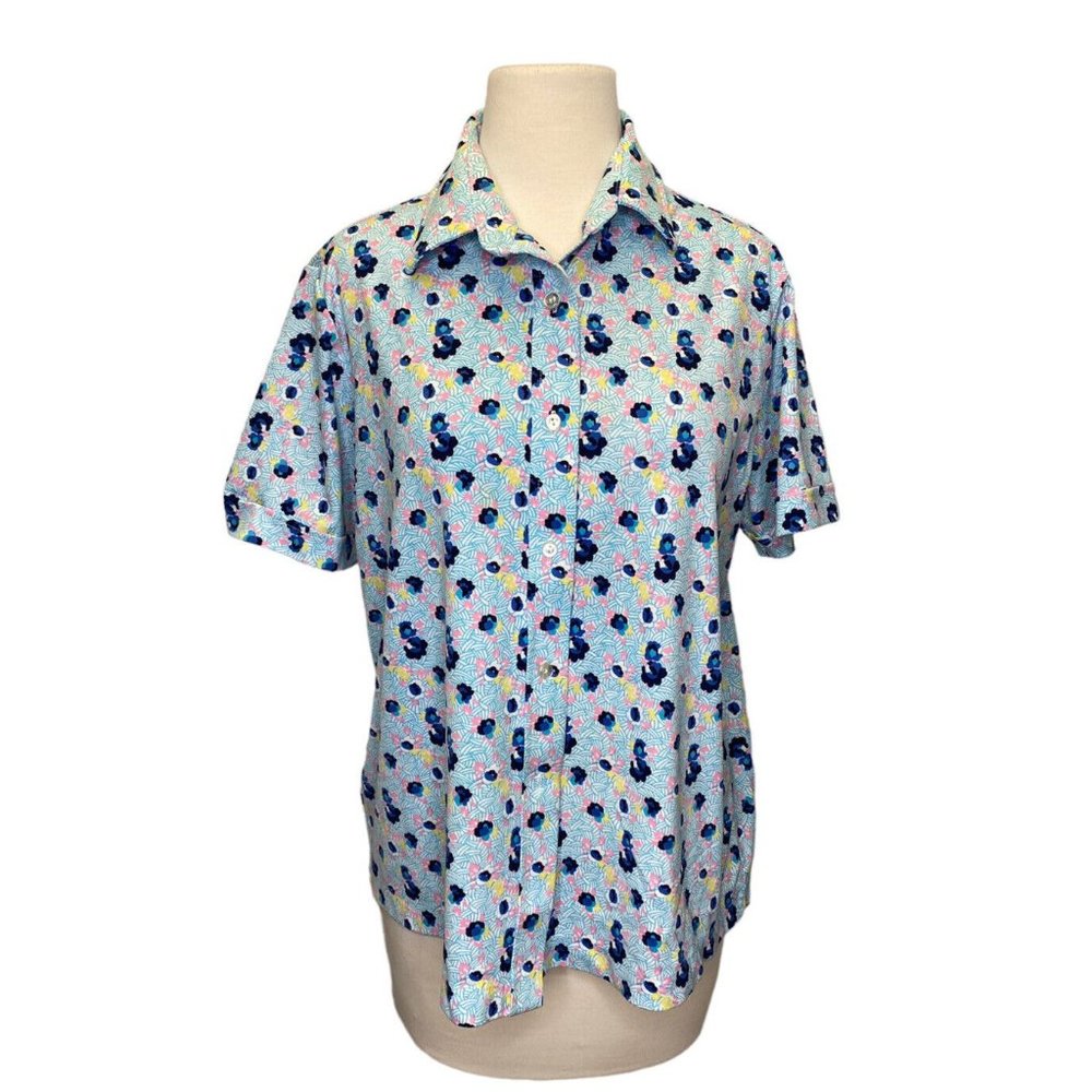 VTG 1970s Sears Disco Floral Shirt Large 20 Women Polyester Perma Prest Blue